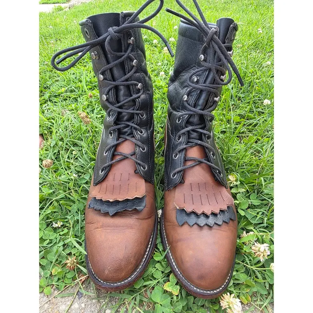 Vintage Justin Two-Tone Brown & Black Leather Lace-Up Boots with Kiltie Size 7.5